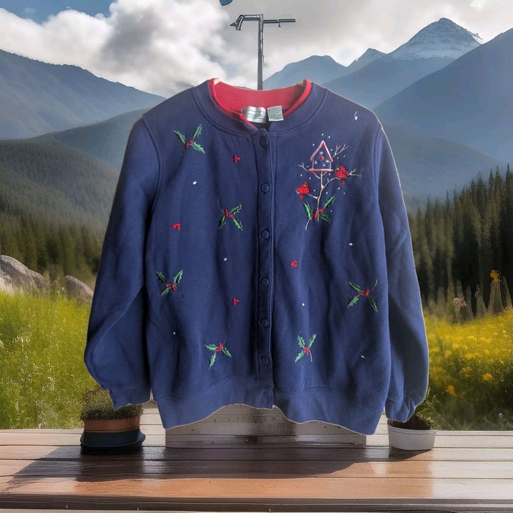 Vintage Shenanigans Women's Christmas Cardigan‎ Cardinals Birdhouse Berries Sm